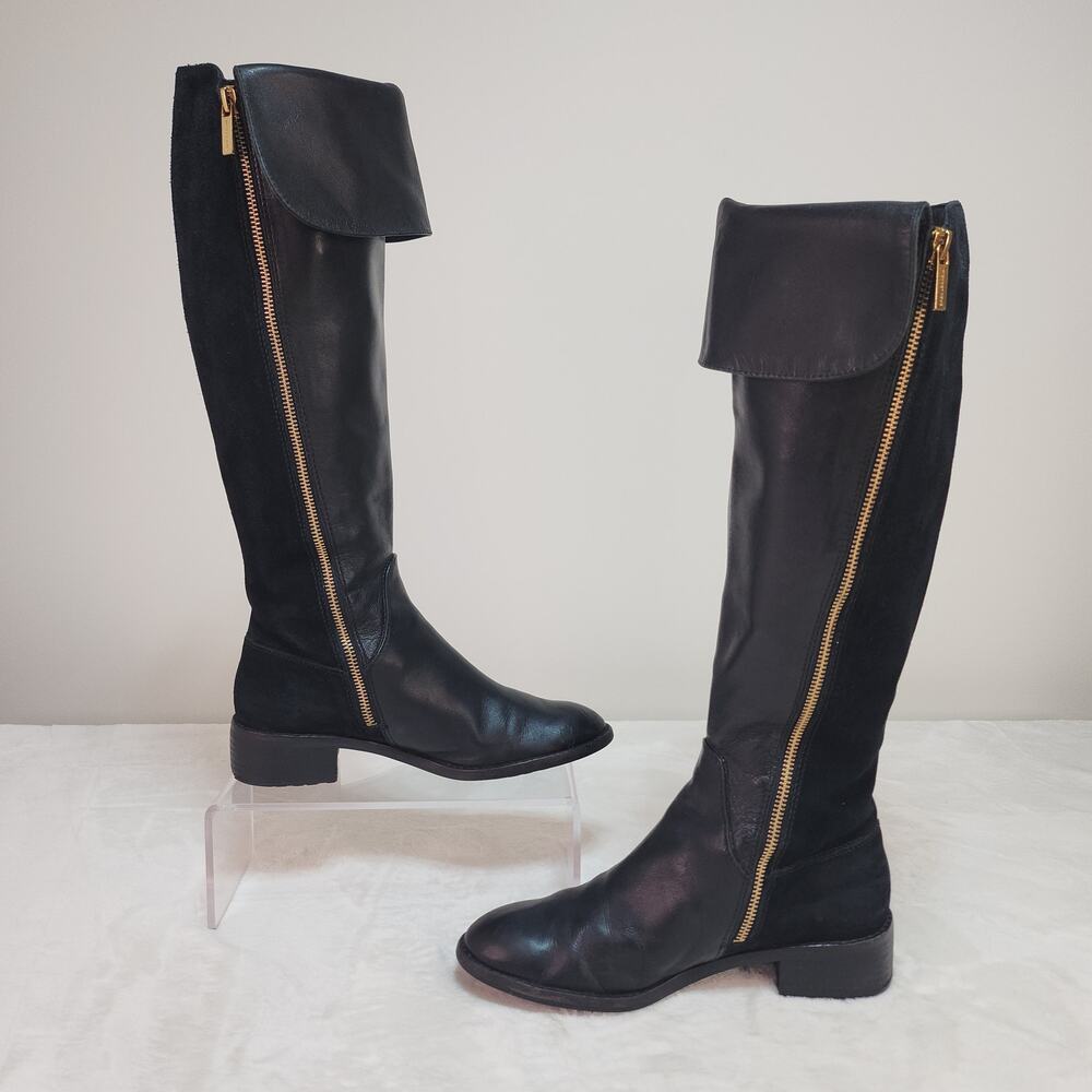 Whimsigoth Equestrian Black Leather Knee High Boots 7 Steampunk Gold Glam Goth - Picture 4 of 14